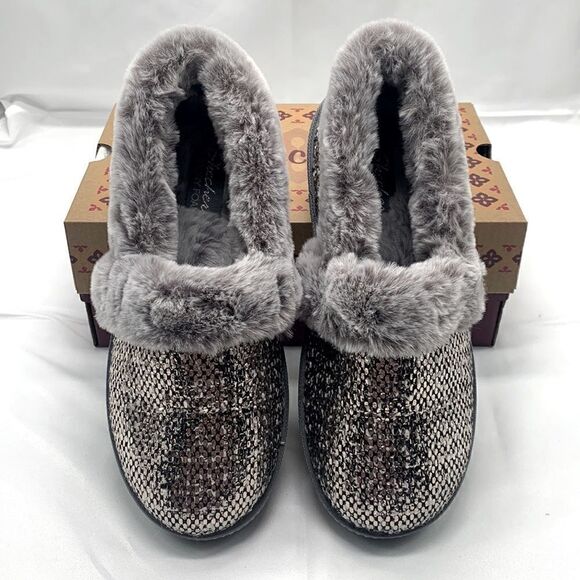 Skechers Woman's Cozy Campfire Pewter Dream Glam Metallic Faux Fur Slippers - Picture 8 of 14